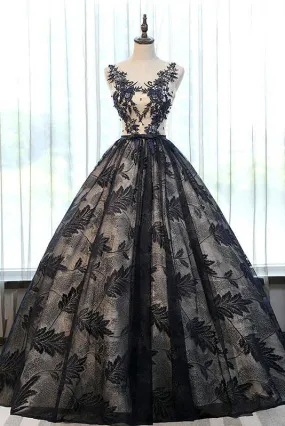 2020 formal A-line black lace long prom dresses, PD7861