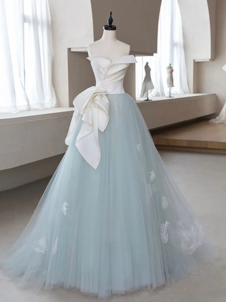 A-Line Blue Tulle Lace Applique Long Prom Dress, Blue Long Formal Dress