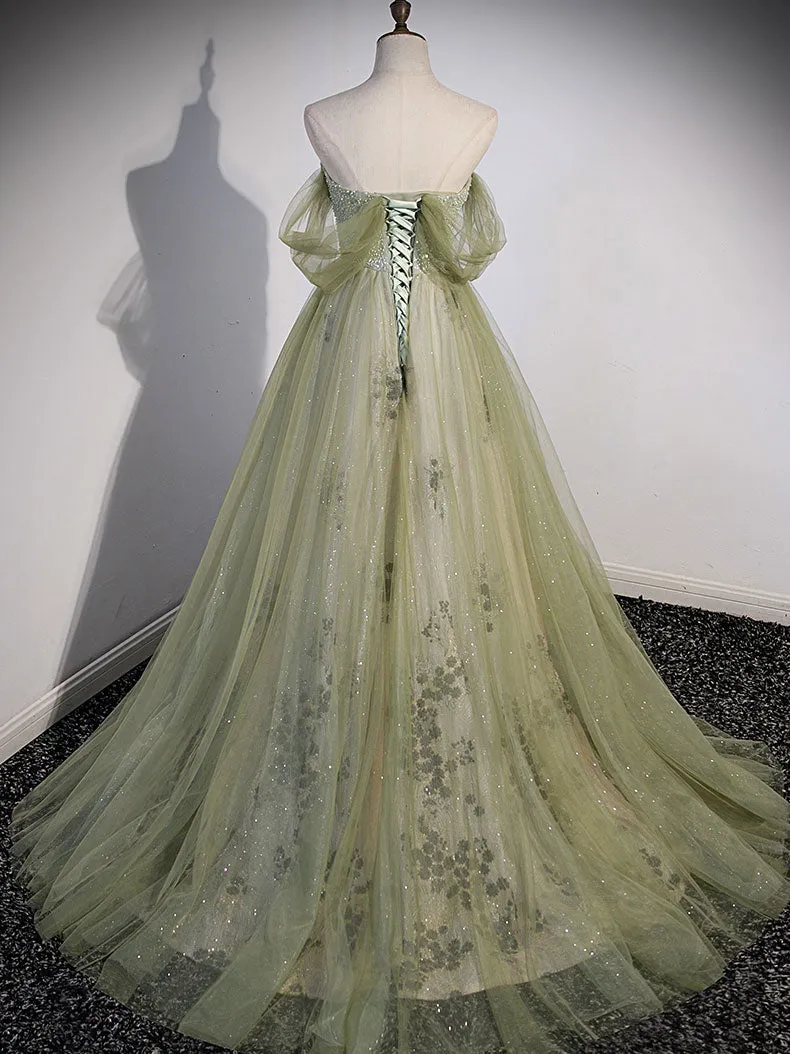 A Line Green Tulle Long Prom Dress with Beading