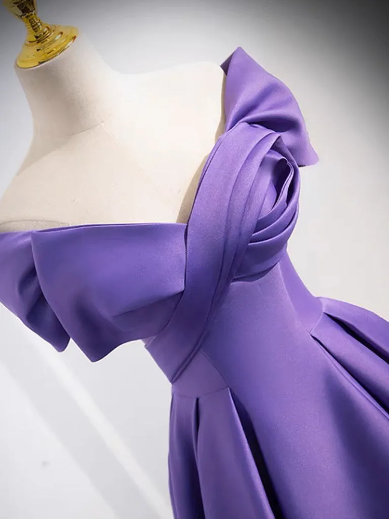 A-Line off Shoulder Satin Purple Long Prom Dress, Purple Long Evening Dress