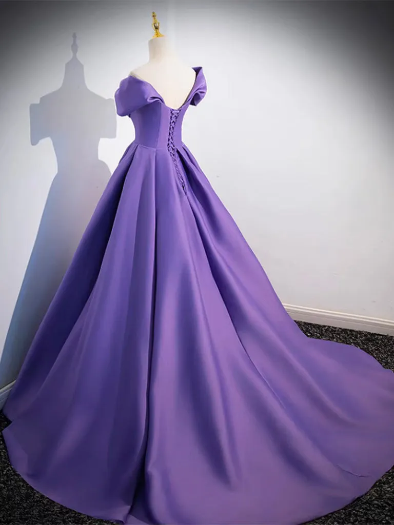 A-Line off Shoulder Satin Purple Long Prom Dress, Purple Long Evening Dress