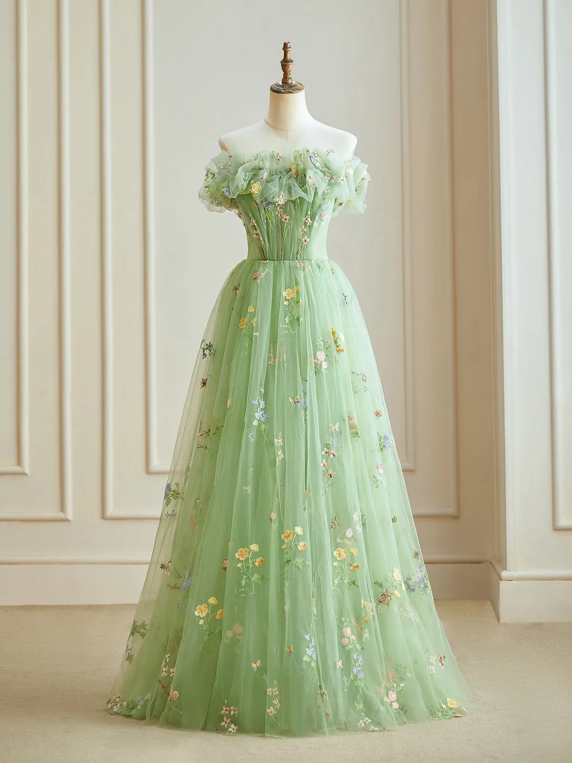 A-Line Off Shoulder Tulle Lace Green Long Prom Dress, Green Lace Long Formal Dress