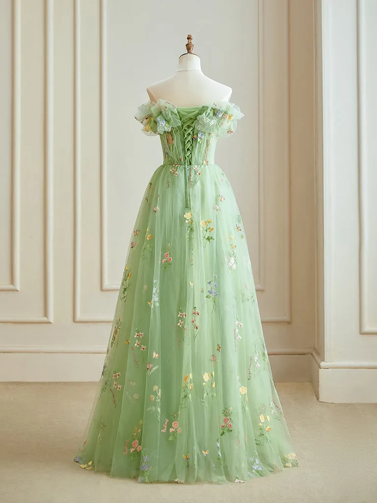 A-Line Off Shoulder Tulle Lace Green Long Prom Dress, Green Lace Long Formal Dress