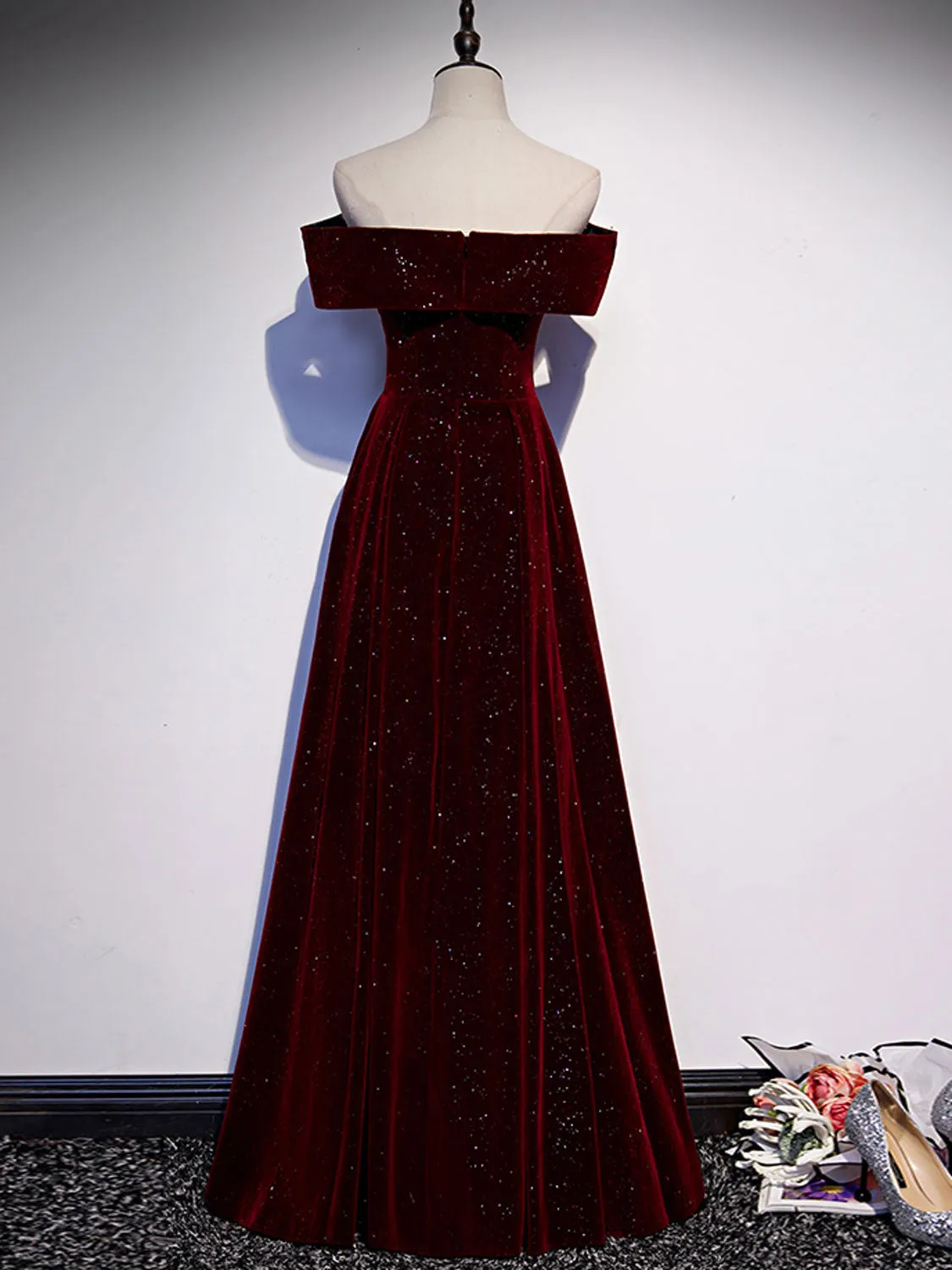 A-Line Off  Shoulder Velvet Burgundy Long Prom Dress, Burgundy Long Formal Dress