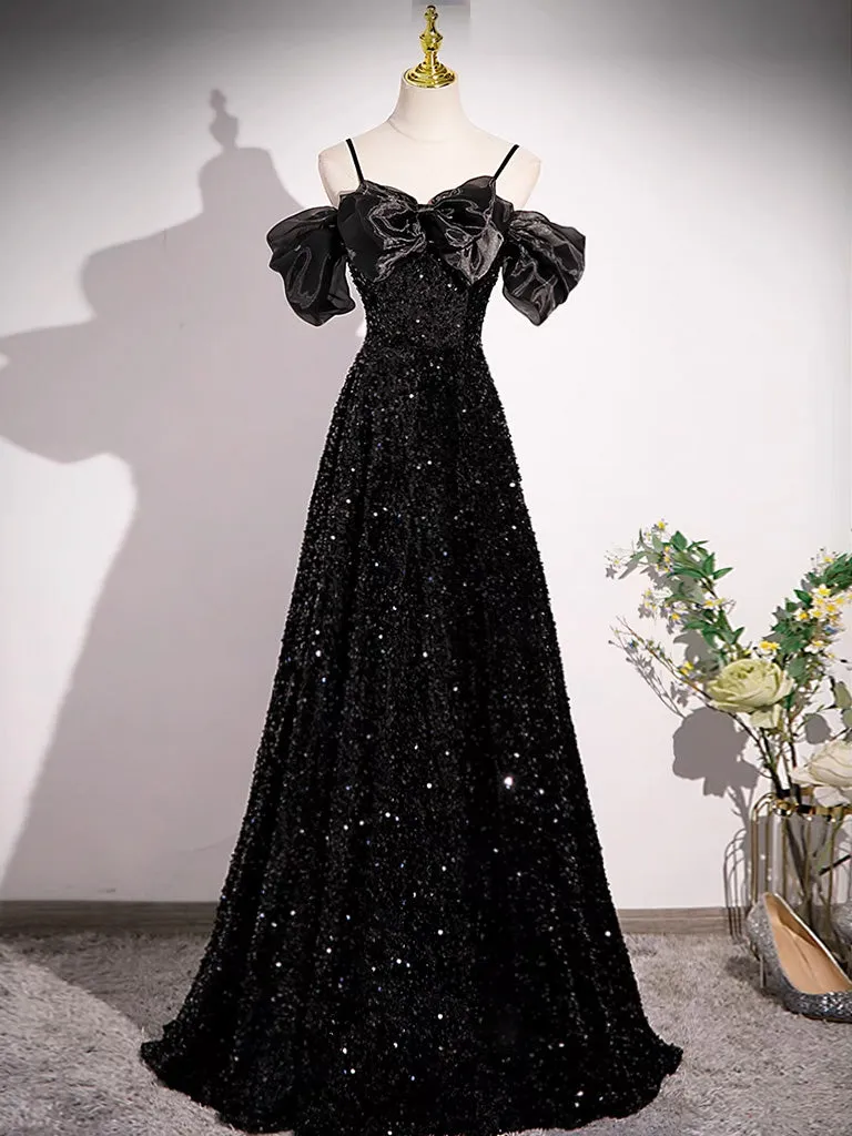 A-line Off Shoulder Velvet Sequin Long Prom Dress, Black Long Formal Dress