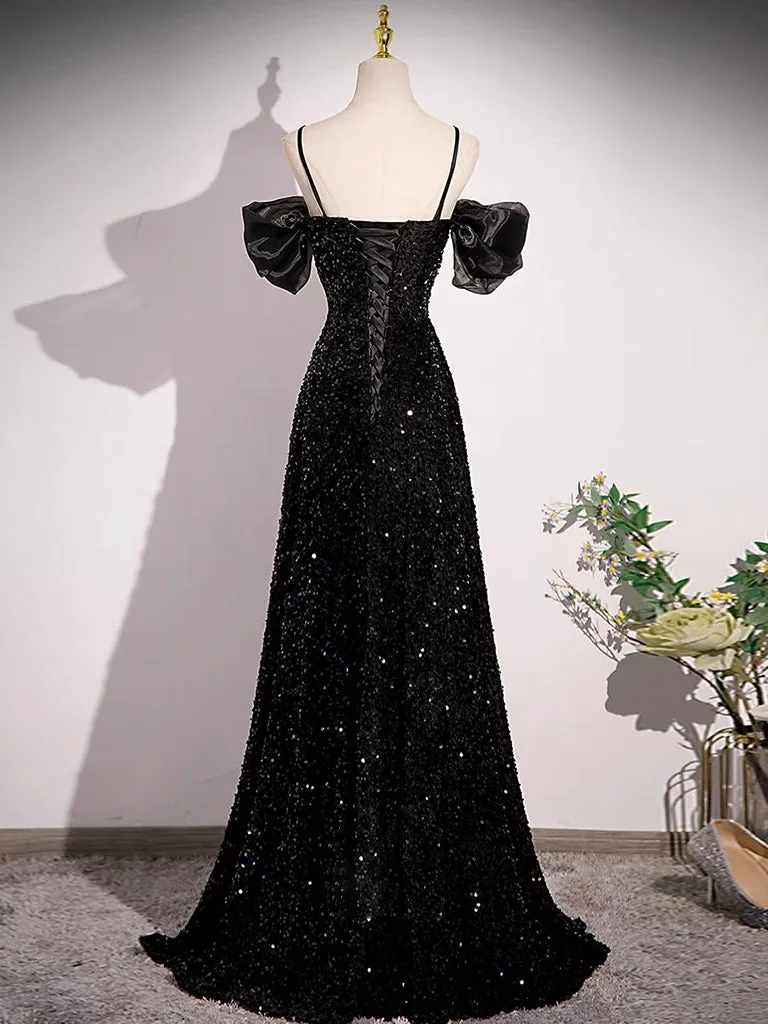 A-line Off Shoulder Velvet Sequin Long Prom Dress, Black Long Formal Dress