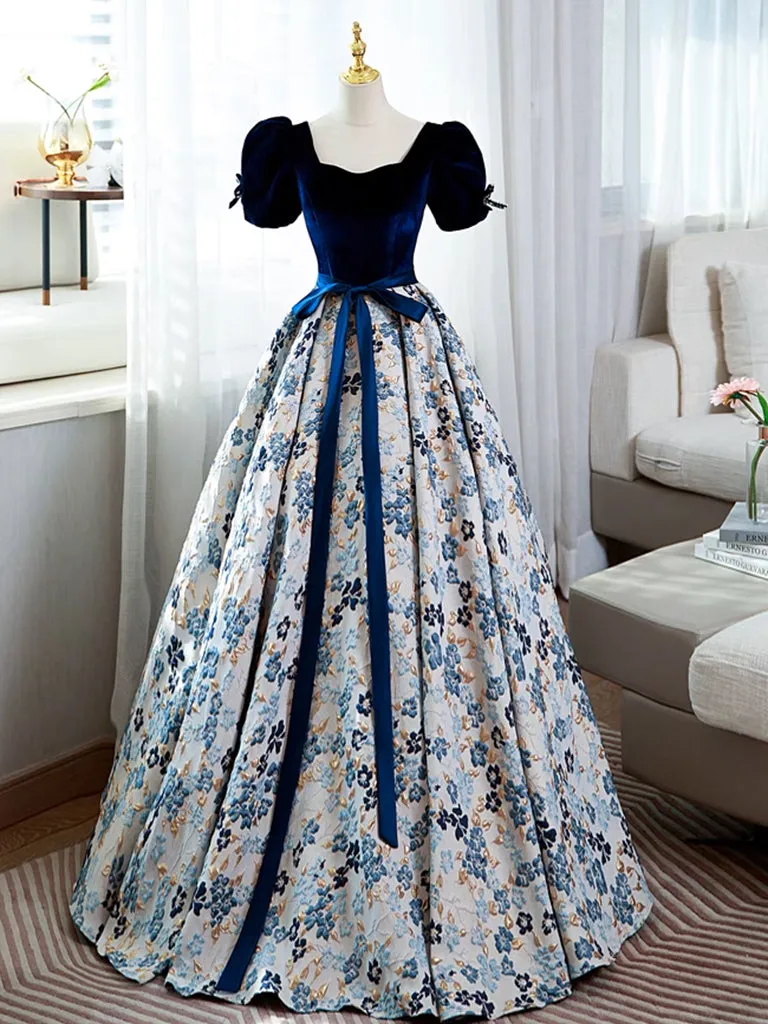 A-Line Satin Velvet Blue Long Prom Dress, Blue Long Formal Dress