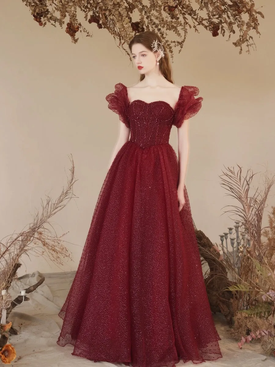 A-Line Sweetheart Neck Tulle Sequin Burgundy Long Prom Dress with Beads