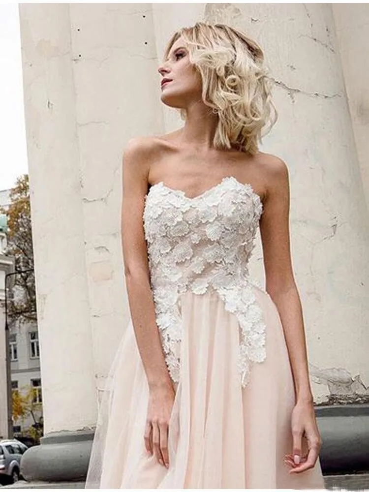 A Line Sweetheart Tulle Pink Prom Dresses with Appliques Beach Wedding Dresses