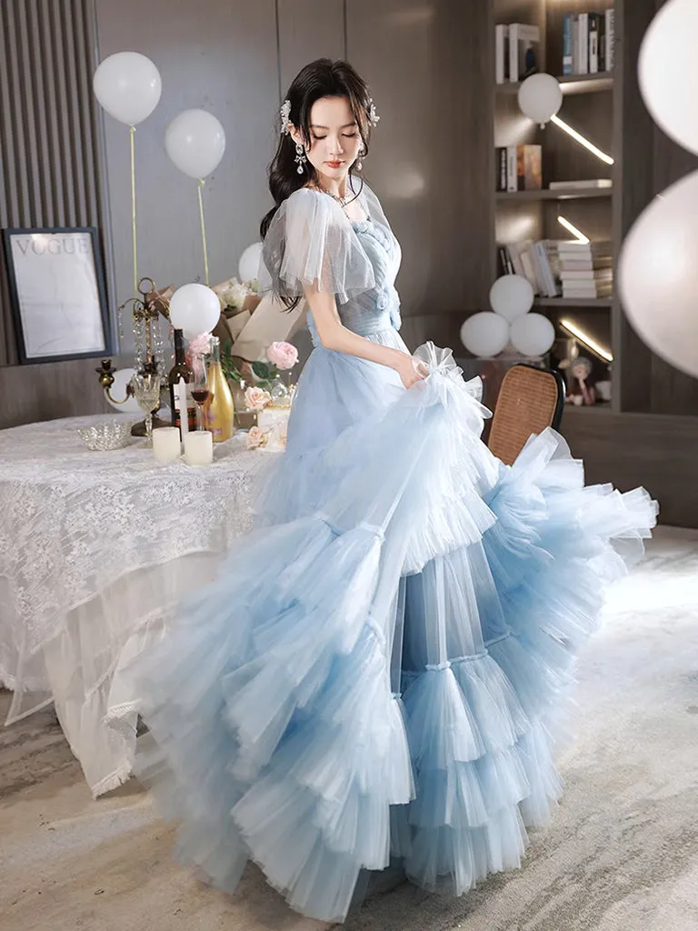 A-Line Tulle Blue Long Prom Dress, Blue Tulle Long Evening Formal Dress