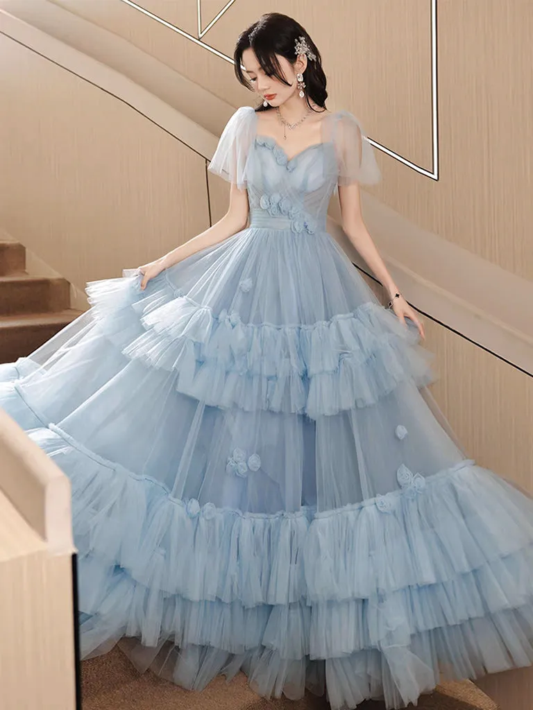 A-Line Tulle Blue Long Prom Dress, Blue Tulle Long Evening Formal Dress