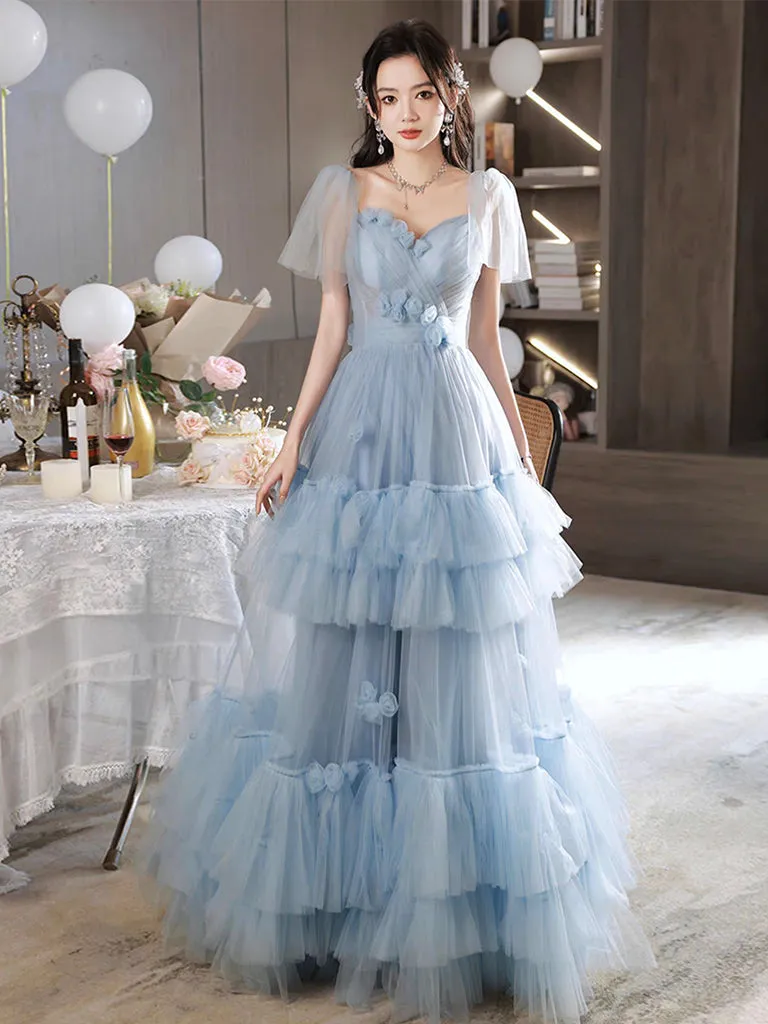 A-Line Tulle Blue Long Prom Dress, Blue Tulle Long Evening Formal Dress