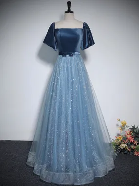 A-Line Tulle Velvet Blue Long Prom Dress, Blue Tulle Formal Dress