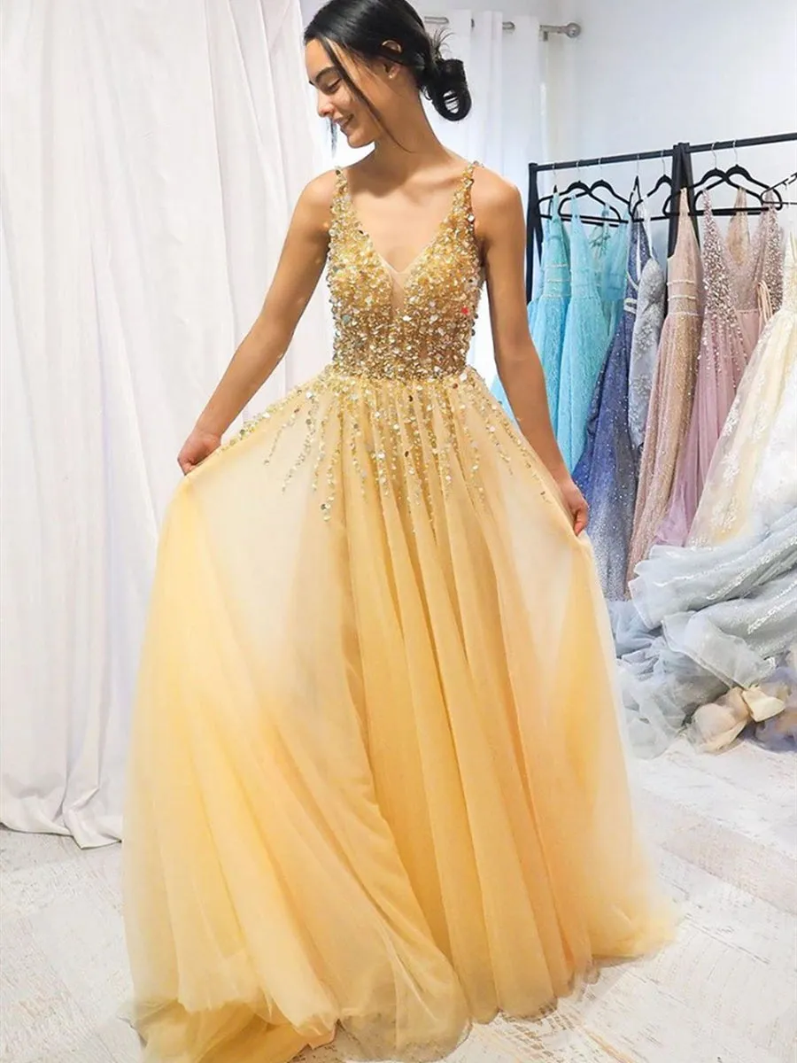 A Line V Neck Beaded Sequins Golden Long Prom Dresses, V Neck Beaded Golden Formal Dresses, Golden Evening Dresses