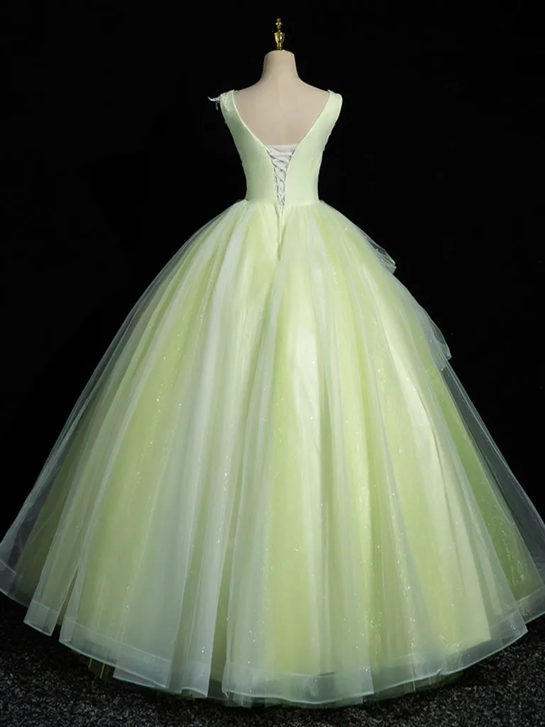 A-Line V Neck Tulle Lace Long Prom Dress, Green Long Formal Dress