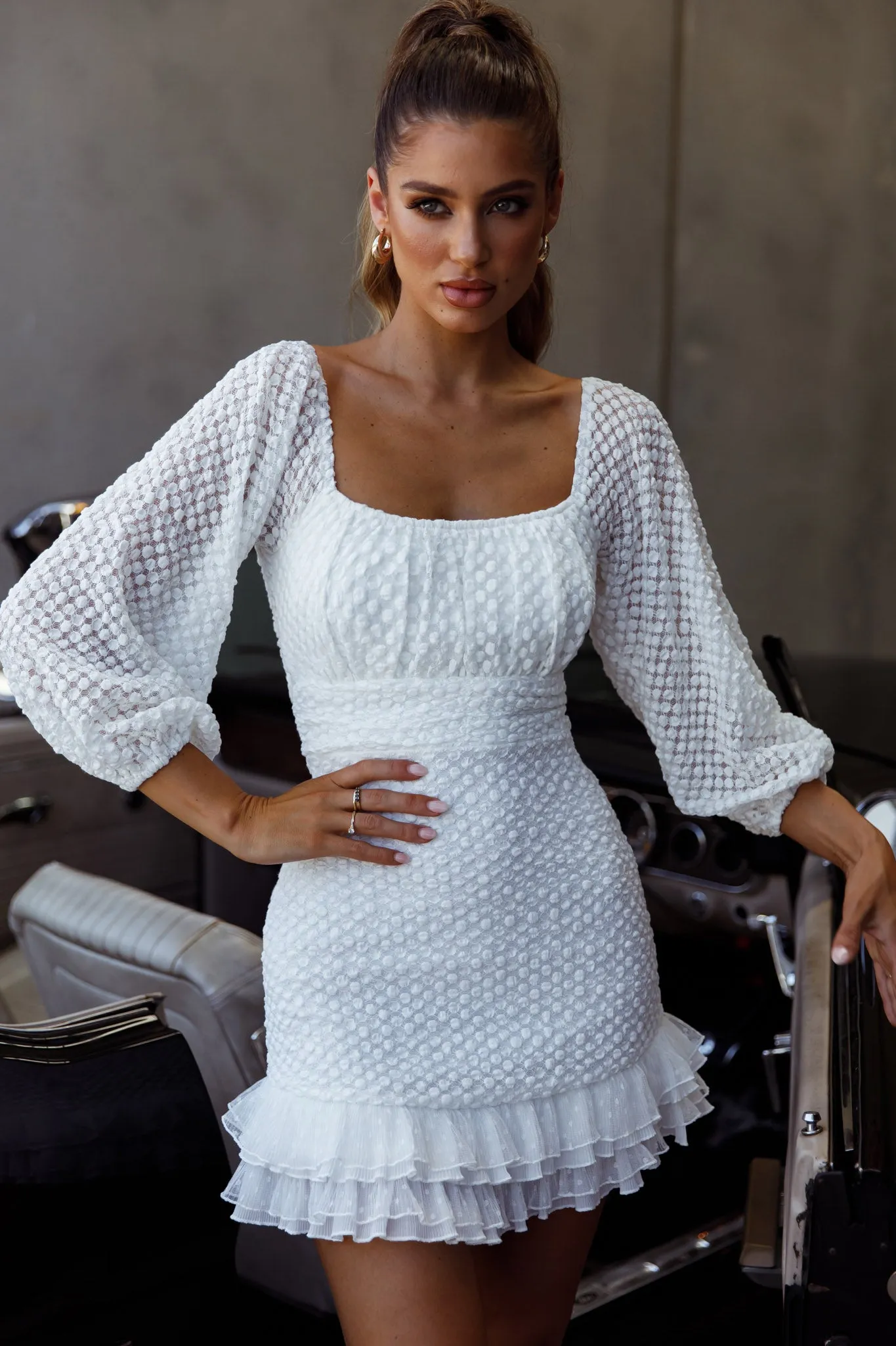 Abby Frill Hem Lace Dress White