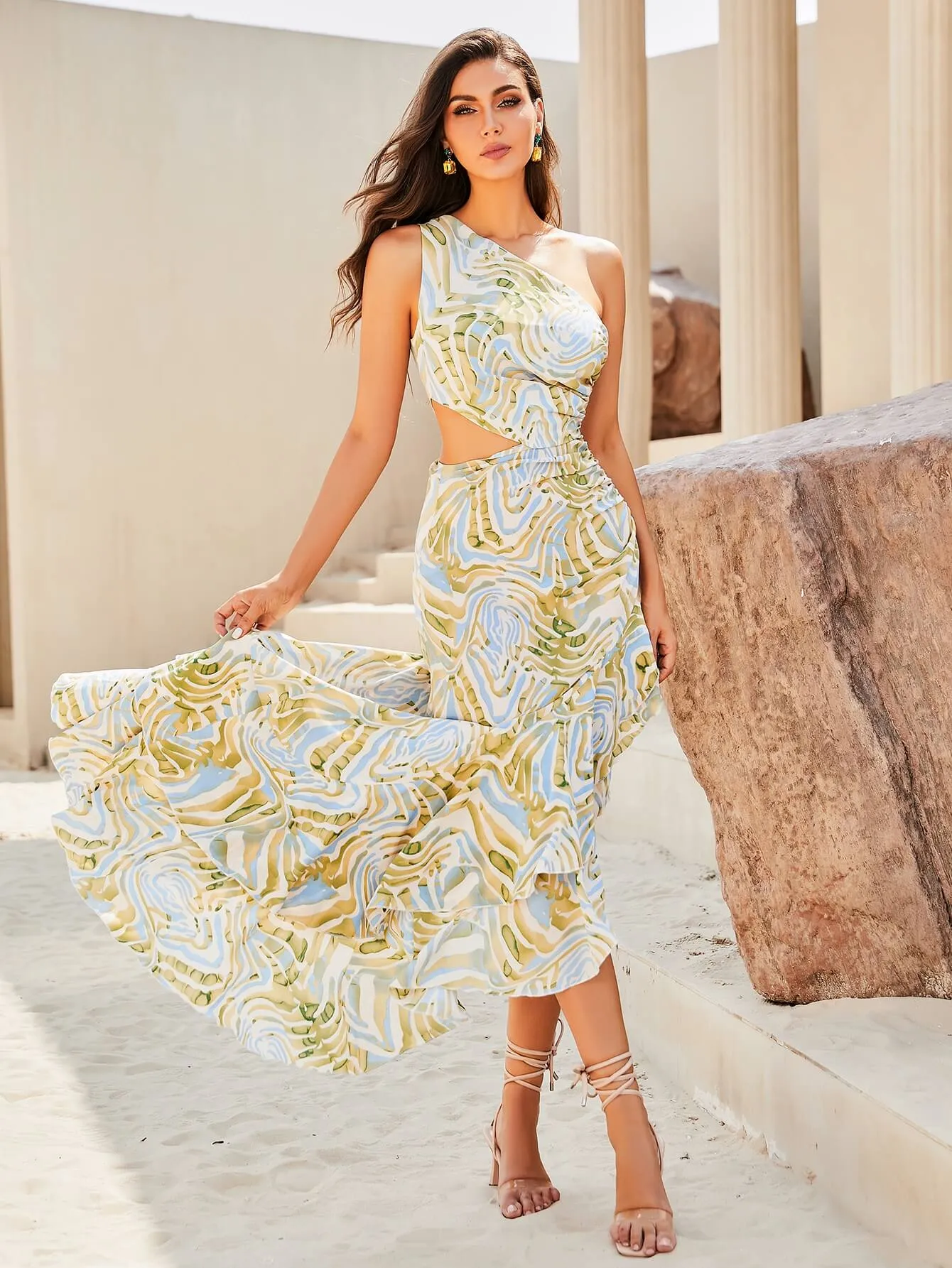 Ruffled Abstract Print Dress with Cutouts and Side Split