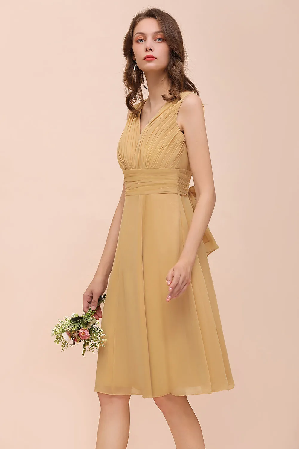 Affordable Gold Short A-line V-neck Chiffon Bridesmaid Dress with Bow