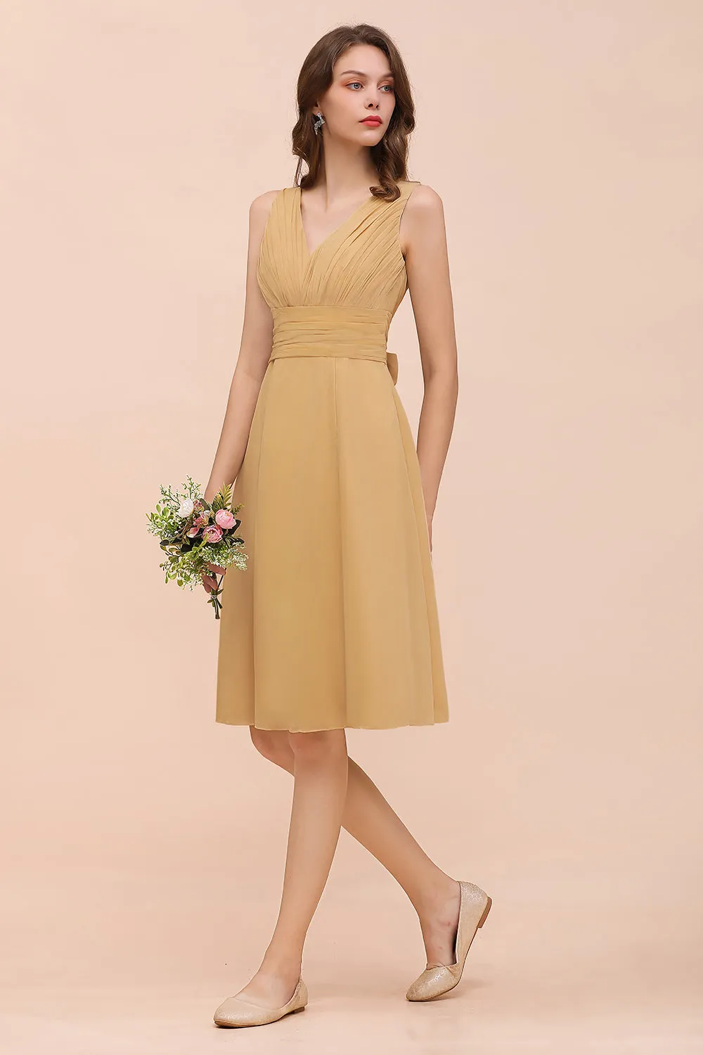 Affordable Gold Short A-line V-neck Chiffon Bridesmaid Dress with Bow