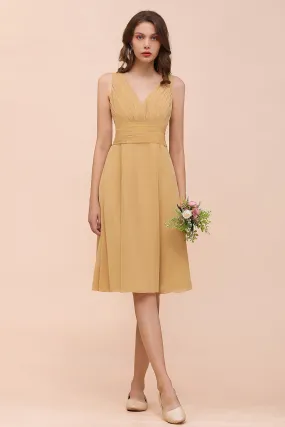 Affordable Gold Short A-line V-neck Chiffon Bridesmaid Dress with Bow