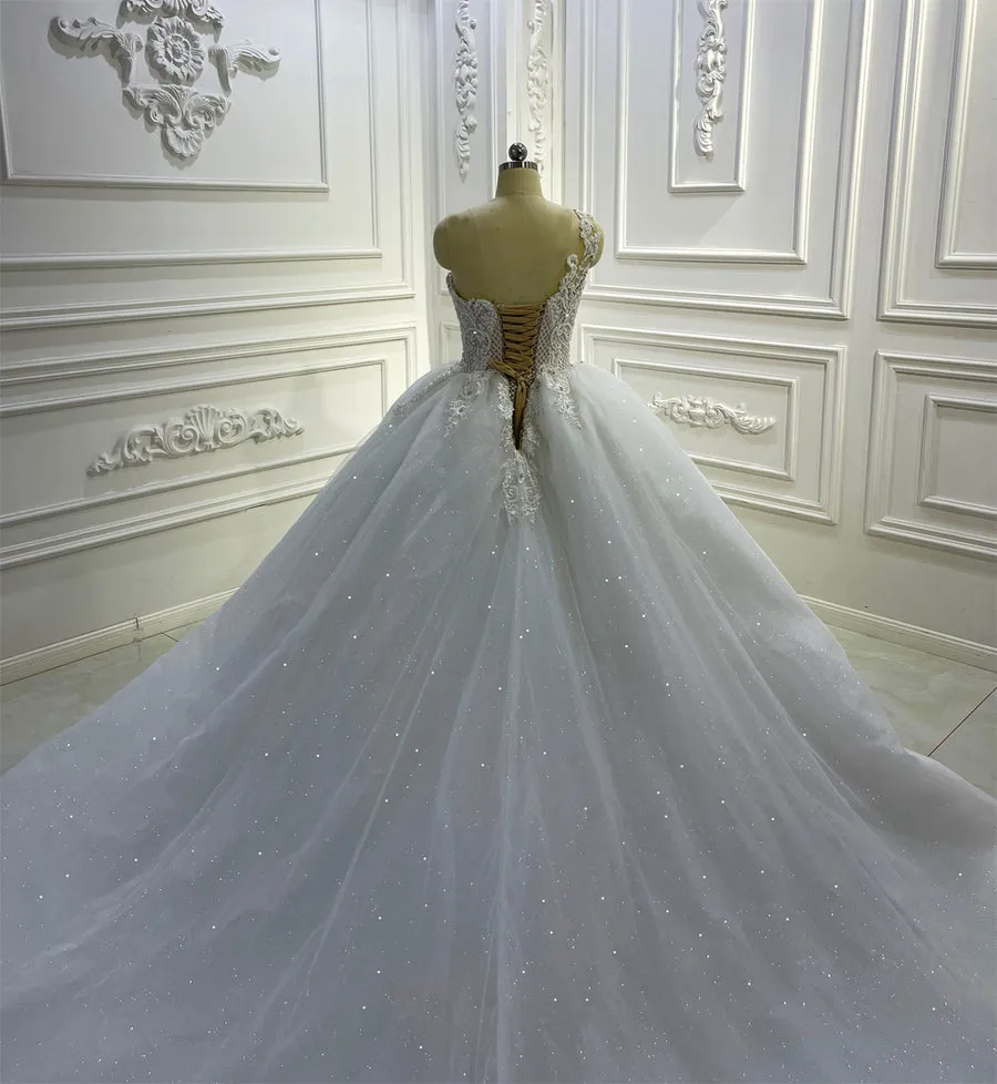 AM1276 Luxury 2 In 1 Rhinestone Crystal 3D Flowers shiny luxury ball gown Wedding Dress