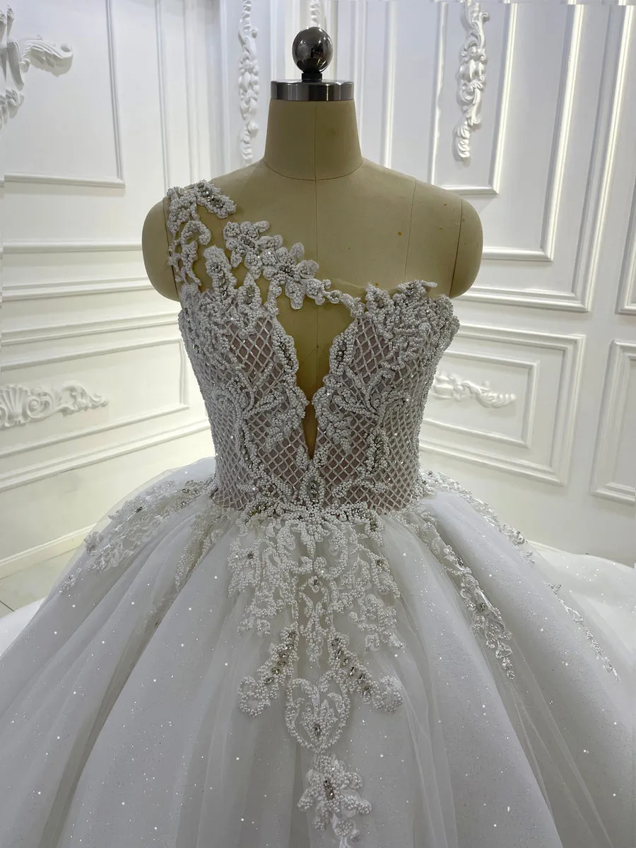 AM1276 Luxury 2 In 1 Rhinestone Crystal 3D Flowers shiny luxury ball gown Wedding Dress