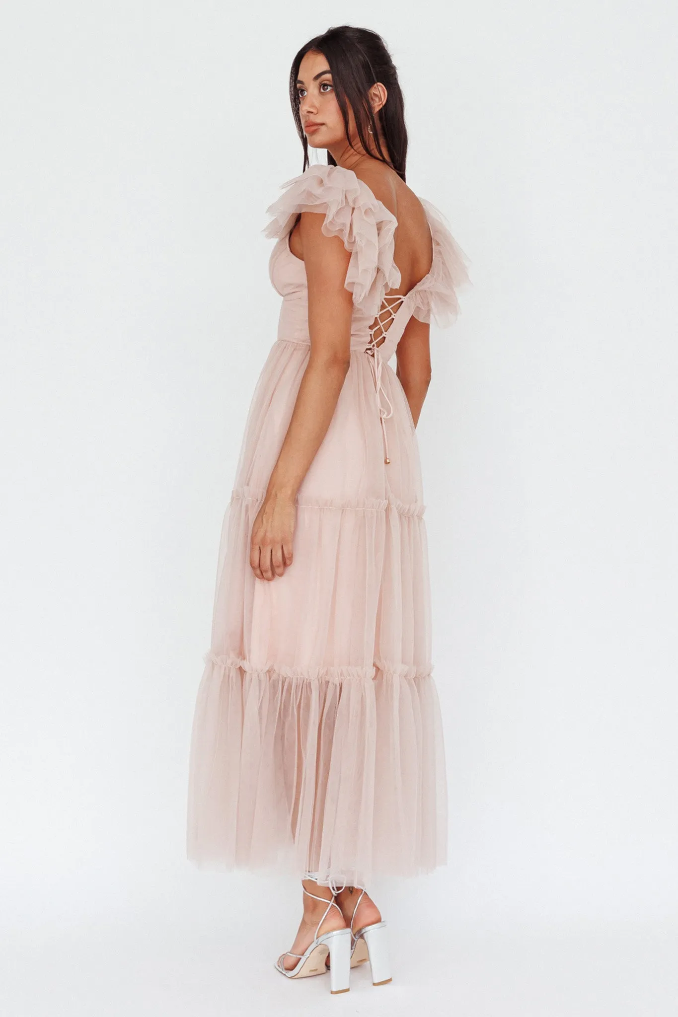 Amal Ruffle Shoulder Tulle Midi Dress Nude