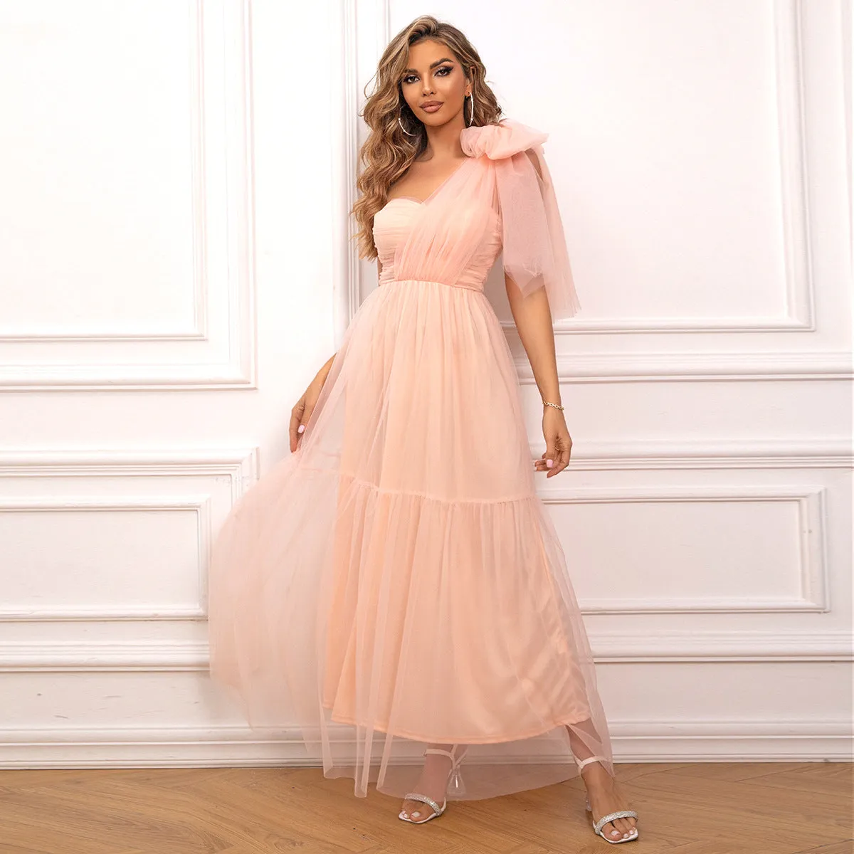 Amorous Pink One-Shoulder Tulle  Dress