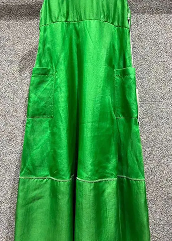 Art Green O Neck Pockets Patchwork Silk Dresses Sleeveless EE1032