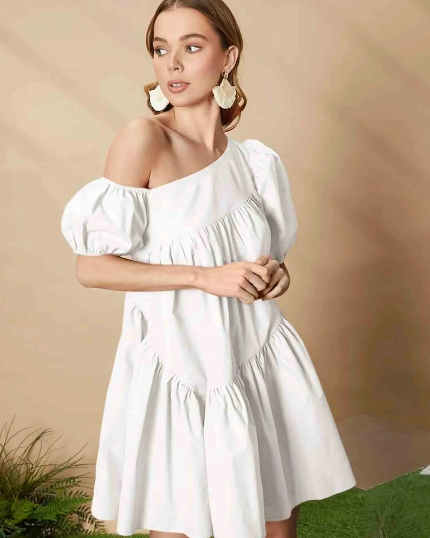 Asymmetrical neck puff sleeve ruffle hem smock dress in white