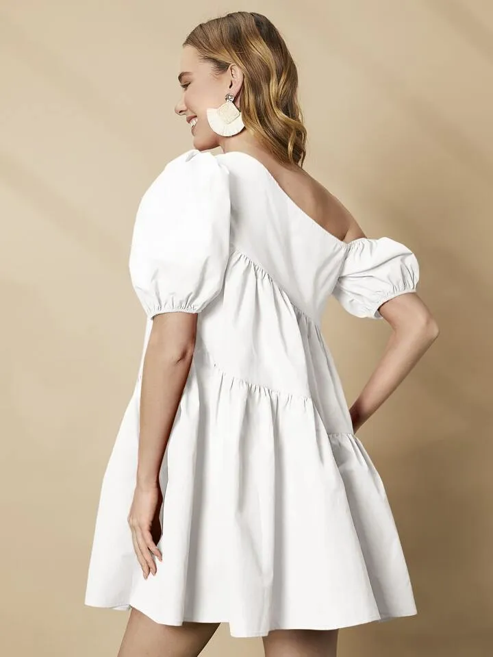 Asymmetrical neck puff sleeve ruffle hem smock dress in white