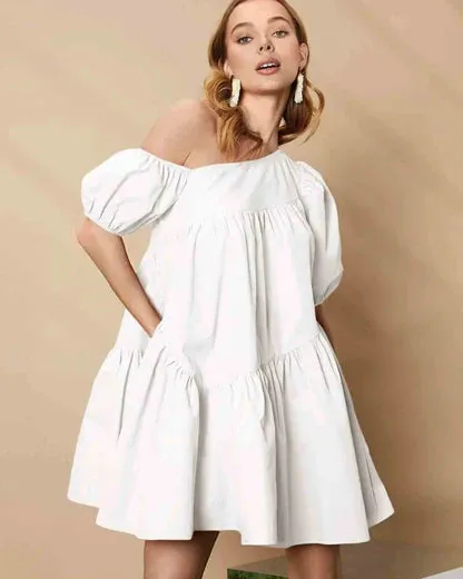 Asymmetrical neck puff sleeve ruffle hem smock dress in white