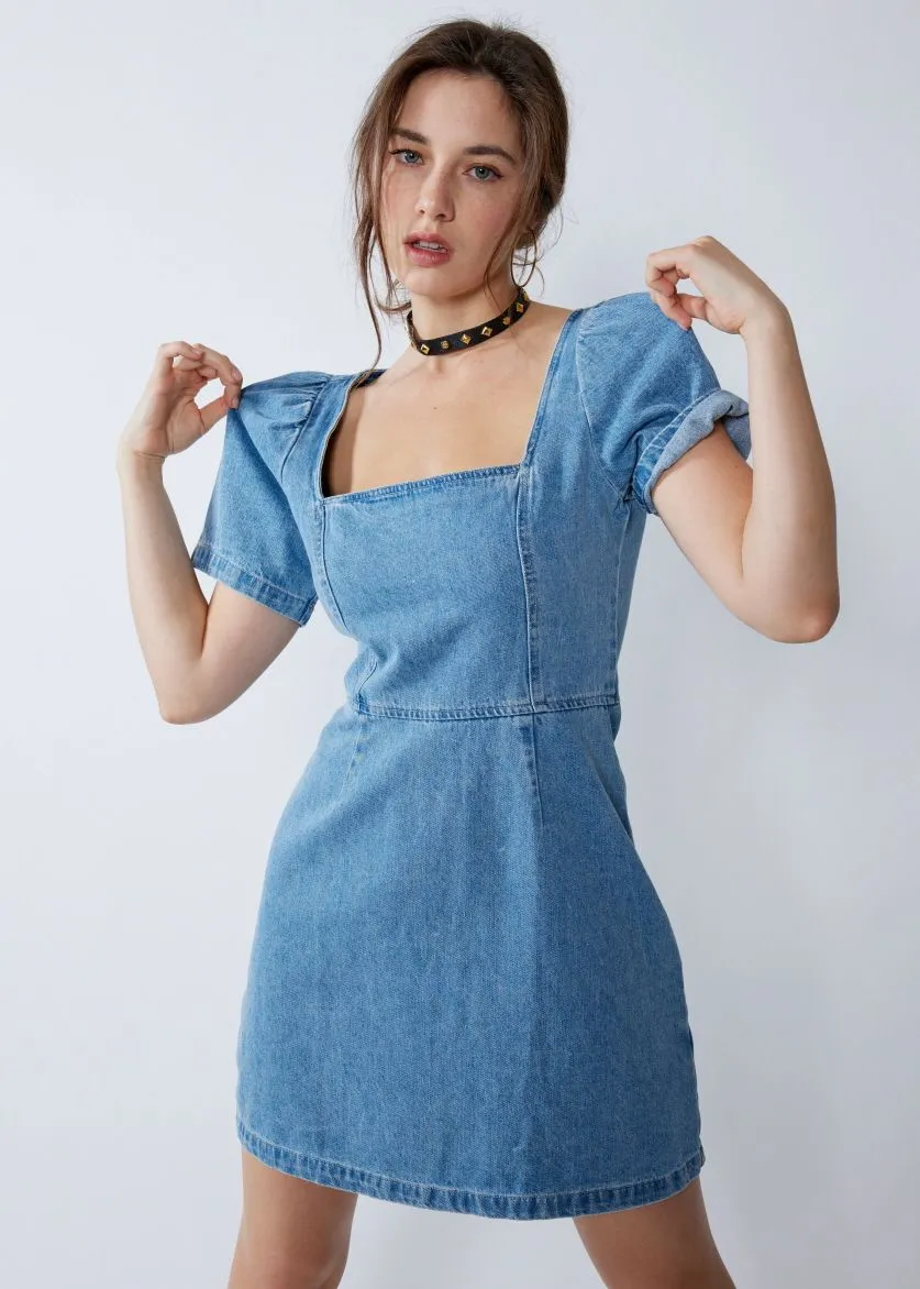 Aubrey Denim Puff Sleeve Mini Dress - Light Wash