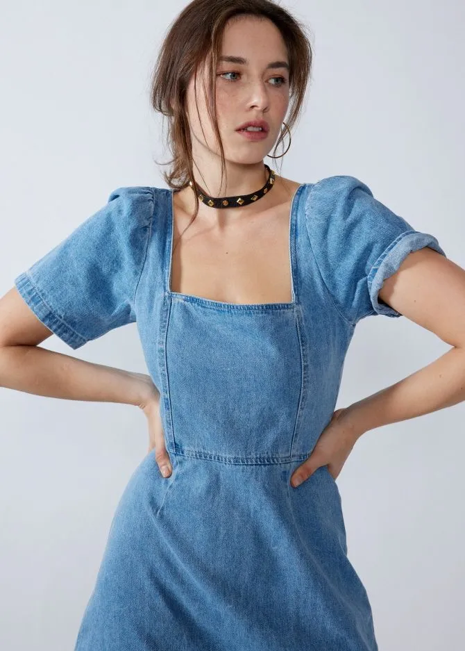 Aubrey Denim Puff Sleeve Mini Dress - Light Wash