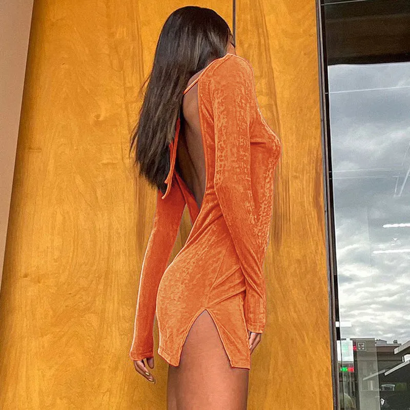 Backless Long Sleeve Split Mini Dress