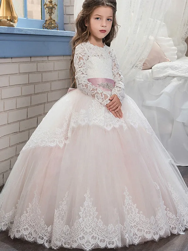 Ball Gown Lace Tulle Sweep Brush Train Wedding Birthday Pageant Flower Girl Dresses with Sleeves