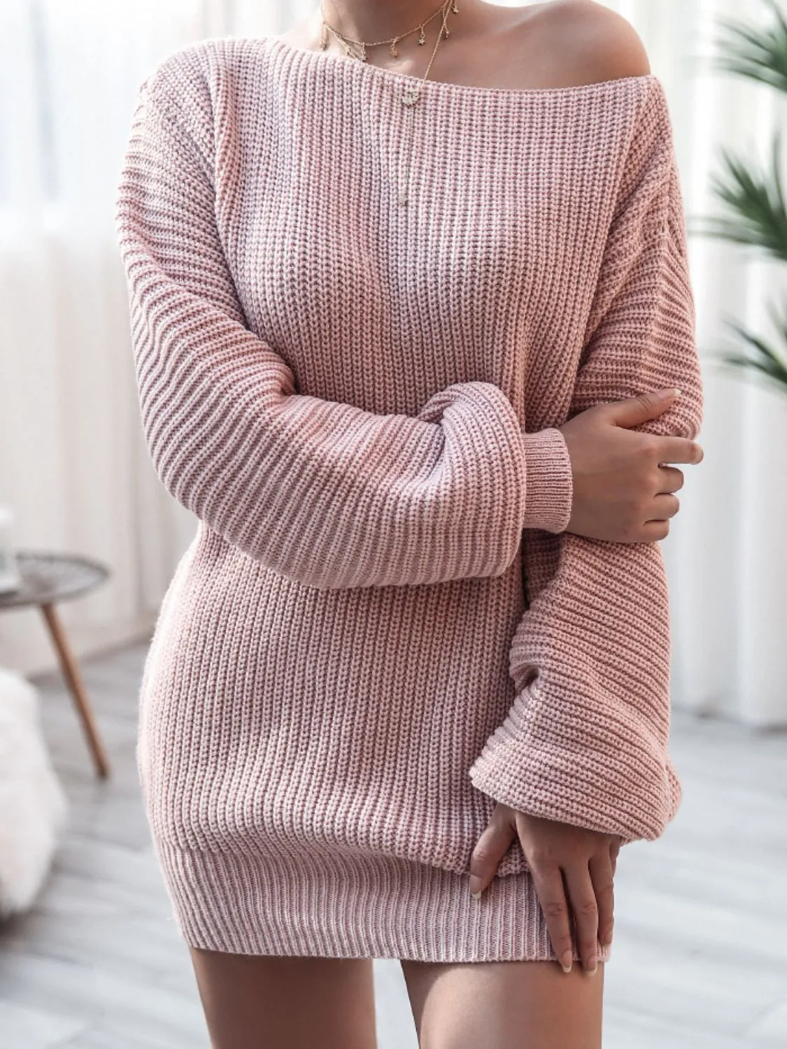 Balloon Sleeve Boat Neck Sweater Mini Dress