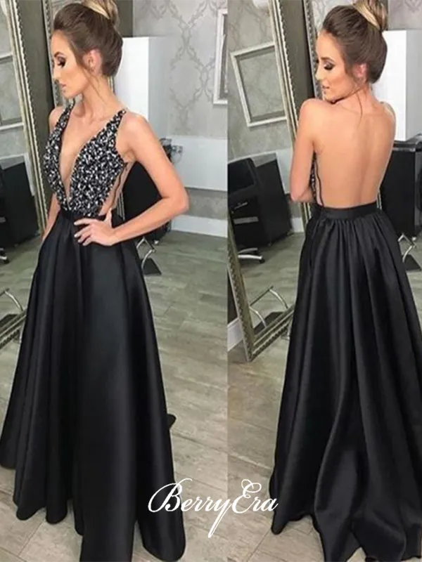 Beaded Beauty Long A-line Prom Dresses, Cheap Satin Prom Dresses