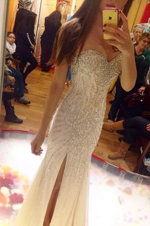 beaded prom dress, long prom dresses, side slit prom dress, gorgeous prom dress, charming evening gown, BD46