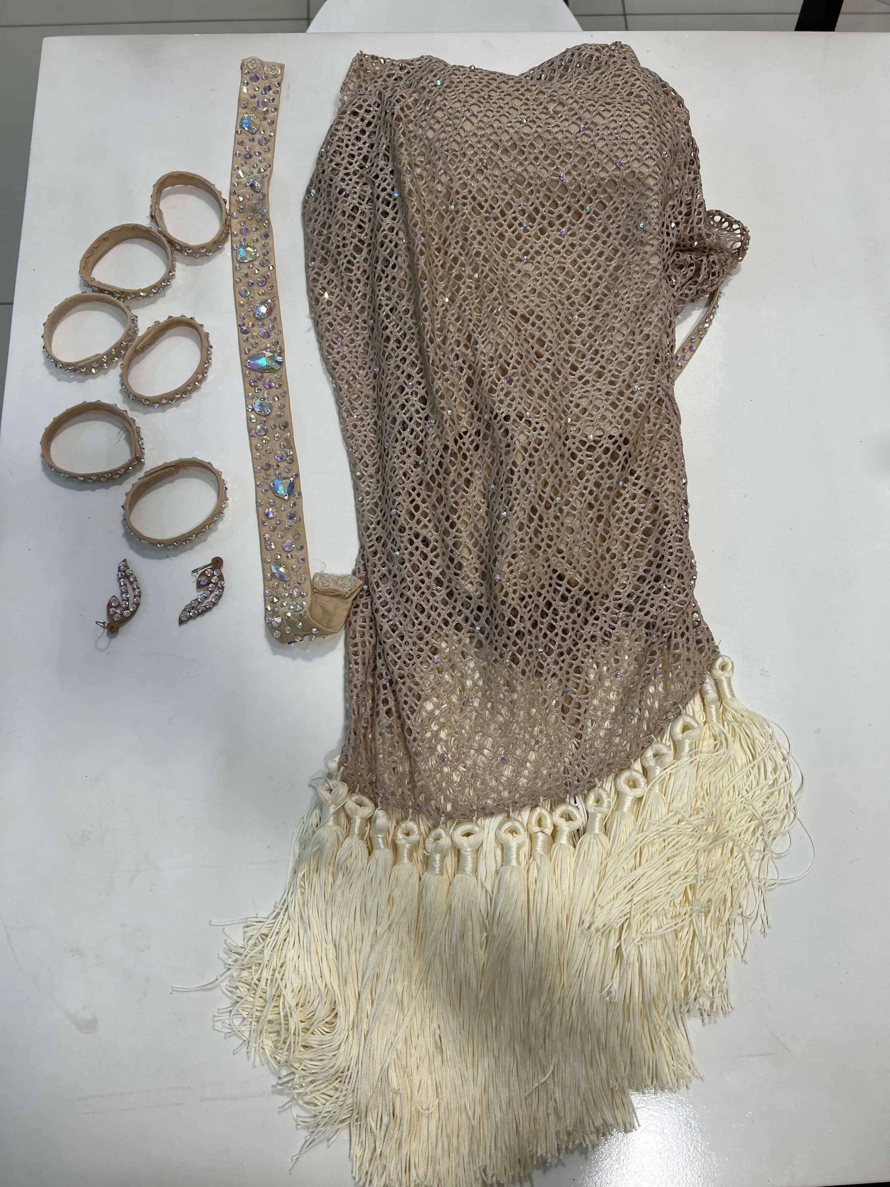 Beige Latin Dress with Fringes for Junior