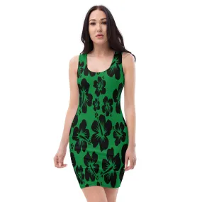 Black Hibiscus Flowers On Green Sublimation Floral Dress