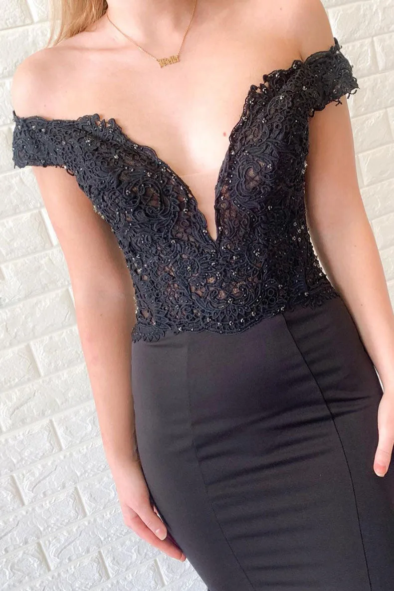 Black mermaid lace long prom dress, black evening dress