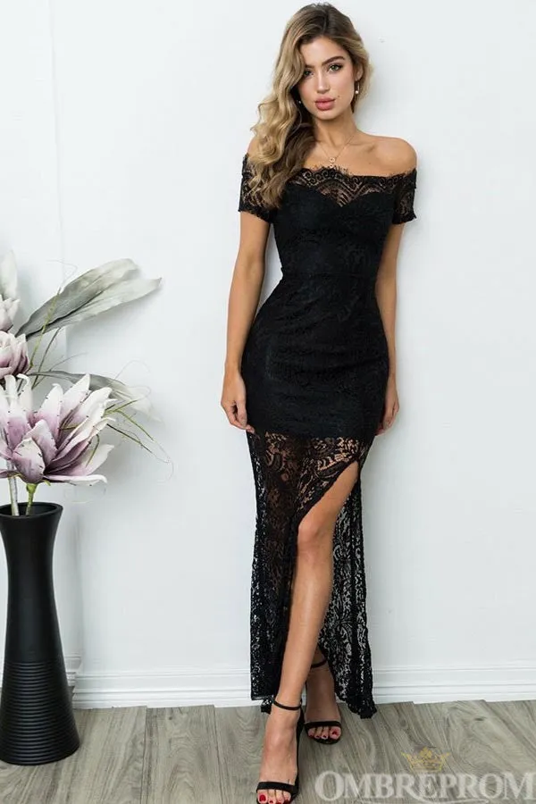 Black Prom Dresses Lace Off Shoulder Short Sleeves Event Dresses with Split Side