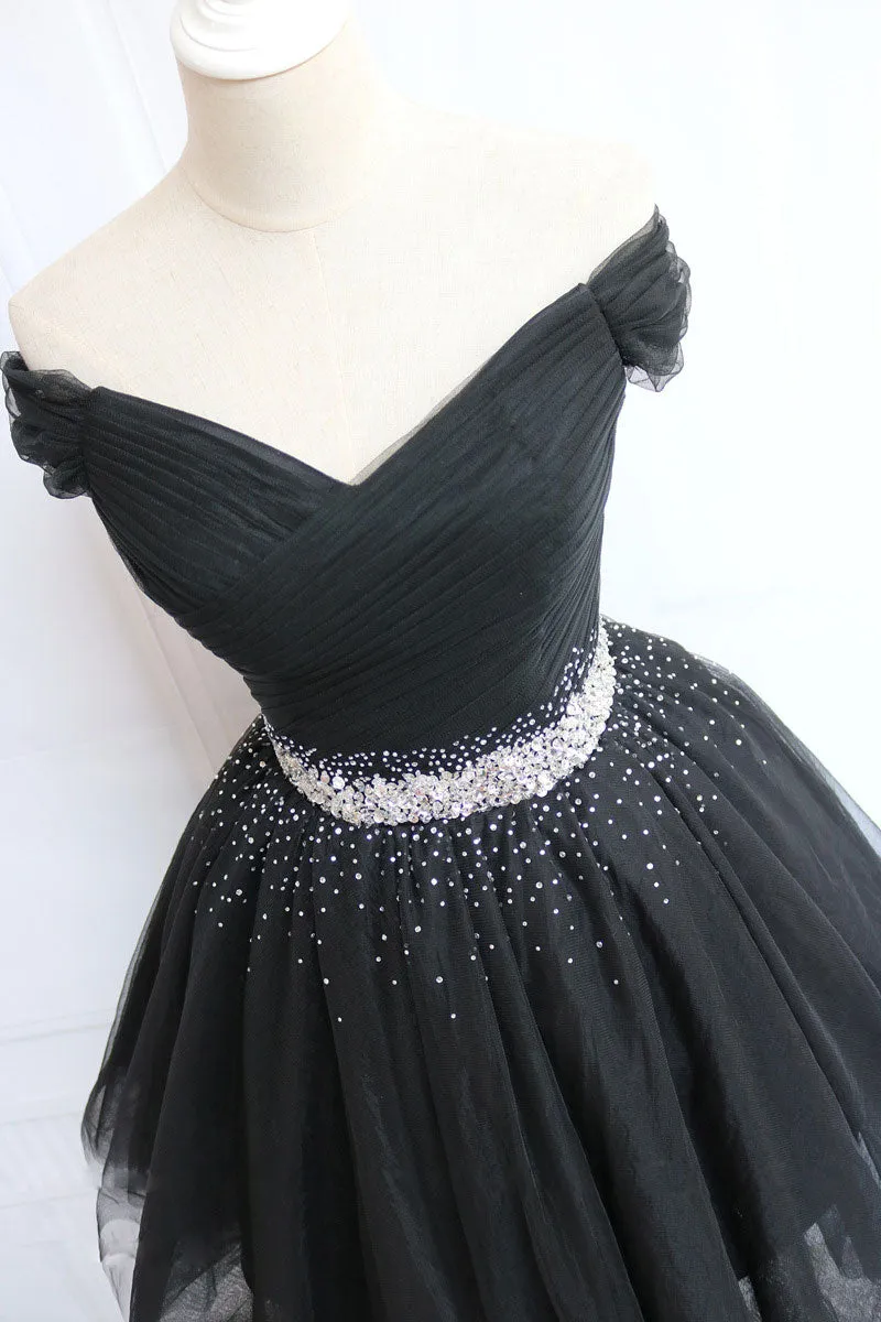 Black tulle off shoulder short prom dress, black homecoming dress