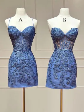 Blue Lace Short Prom Dress, Blue Homecoming Dress