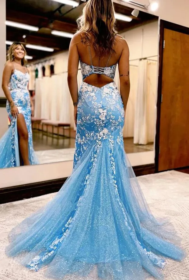 Blue Open Back Mermaid Lace Prom Dress with Slit PC1354