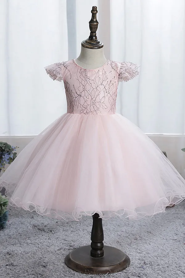 Blue Short Ball Gown Scoop Tulle Lace Flower Girl Dresses with Cap Sleeve