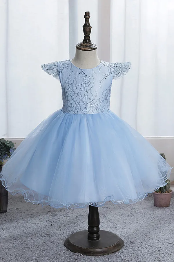 Blue Short Ball Gown Scoop Tulle Lace Flower Girl Dresses with Cap Sleeve