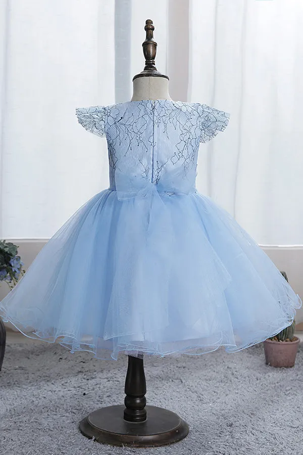 Blue Short Ball Gown Scoop Tulle Lace Flower Girl Dresses with Cap Sleeve