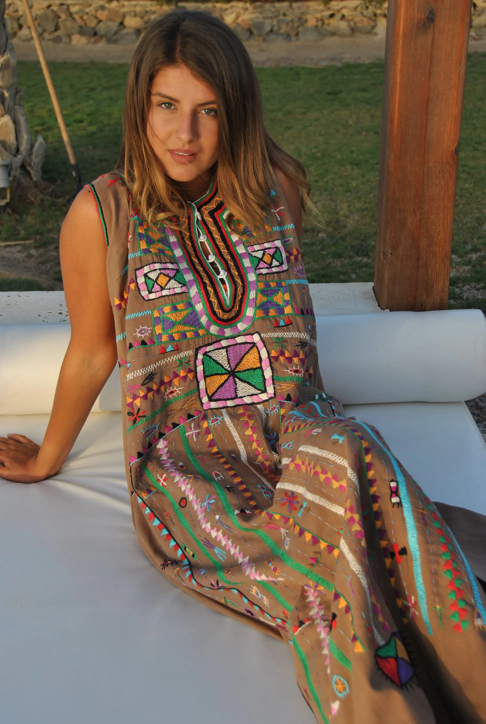 Brown siwa hand embroidered Kaftan dress, Egyptian cotton summer caftan, Resorts Caftan dress, colorful boho caftan, Cotton caftan dress